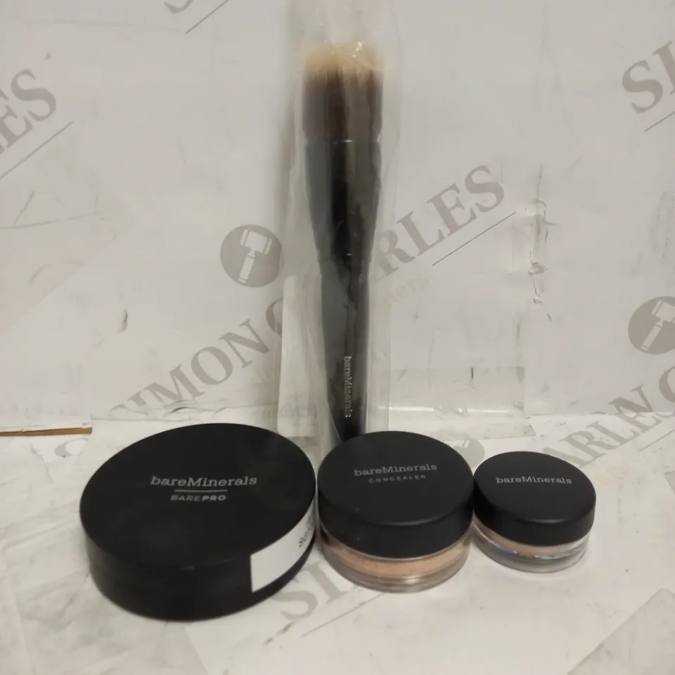 LOT OF 4 ASSORTED BAREMINERALS PRODUCTS TO INCLUDE BAREPRO POWDER FOUNDATION - IVORY 02, MULTI-TASKING CONCEALER - BISQUE, EYE COLOUR - NUDE BEACH, SMOOTHING FACE BRUSH  