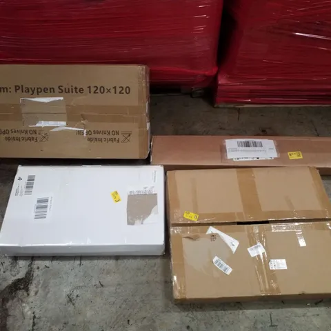 PALLET CONTAINING ASSORTED PRODUCTS INCLUDING PLAYPEN SUITE, SKYLIGHT BLIND, C SHAPED SIDE TABLE & BRUSHED NICKEL KITCHEN TAP