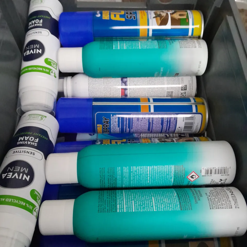 BOX OF APPROXIMATELY 15 AEROSOLS TO INCLUDE  - NIVEA MEN - MOROCCANOIL - FLEA SPRAY - COLLECTION ONLY 