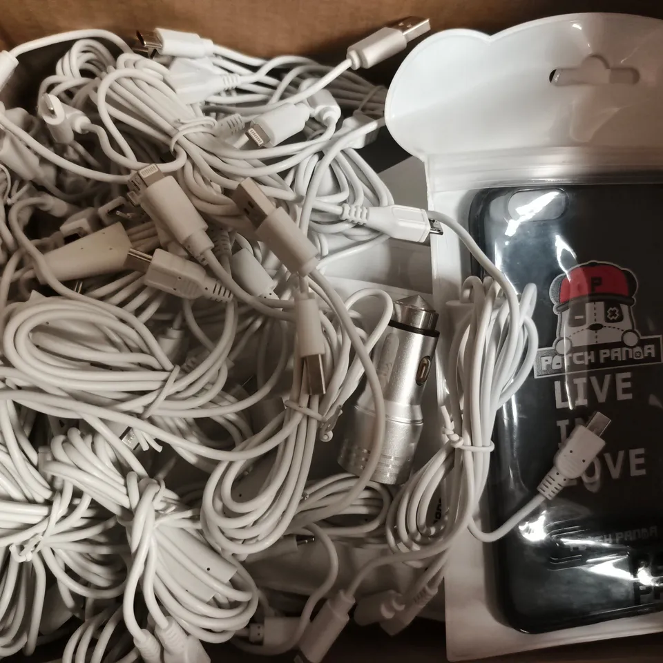 BOX OF APPROXIMATELY 15 ASSORTED HOUSEHOLD ITEMS TO INCLUDE USB CABLES, PHONE CASES, ETC