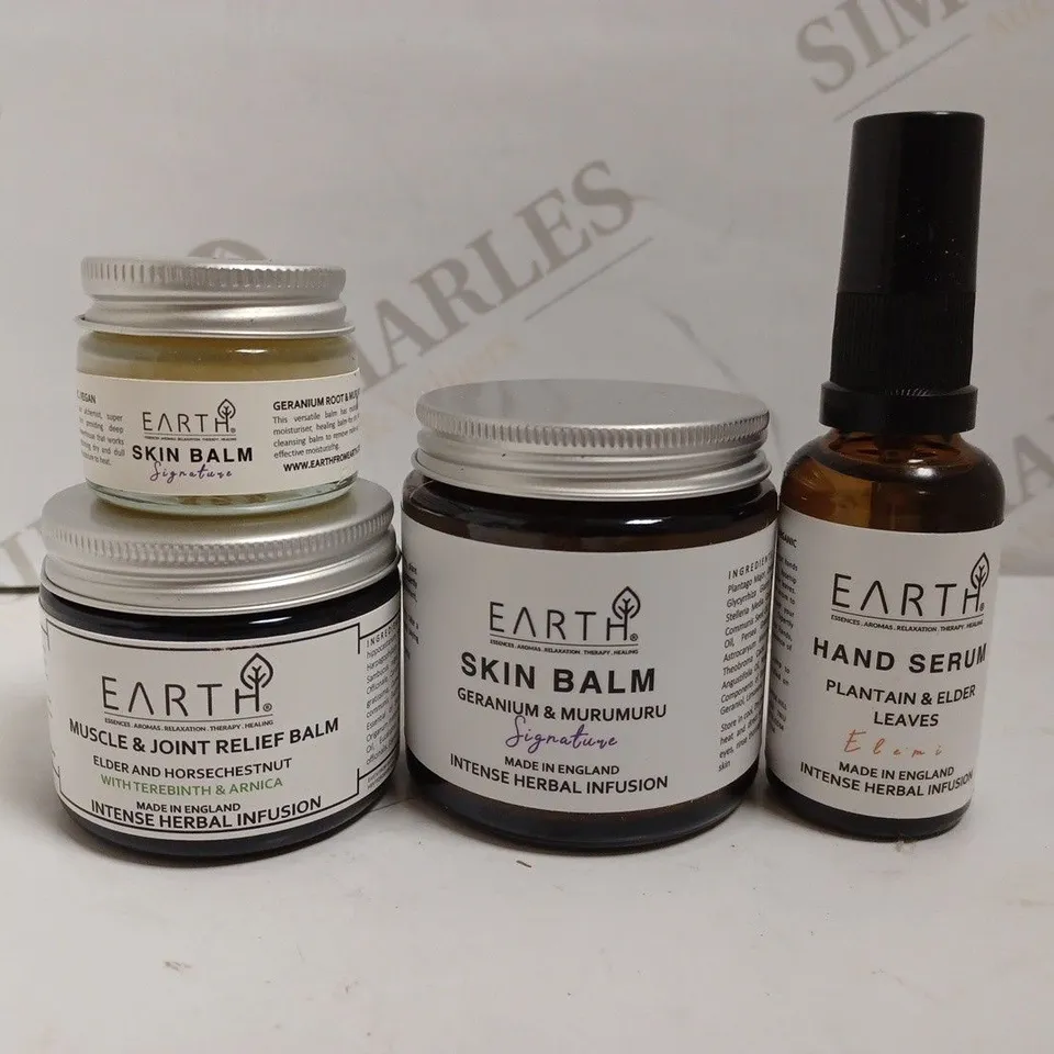 4 EARTH ITEMS TO INCLUDE HAND SERUM (30ML), SKIN BALM (100G) AND MUSCLE & JOINT RELIEF BALM 