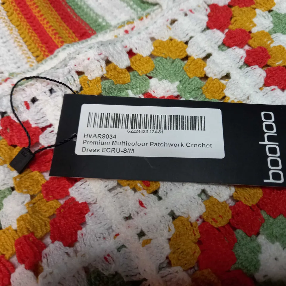 BOOHOO MULTICOLOUR PATCHWORK CROCHET DRESS - S/M