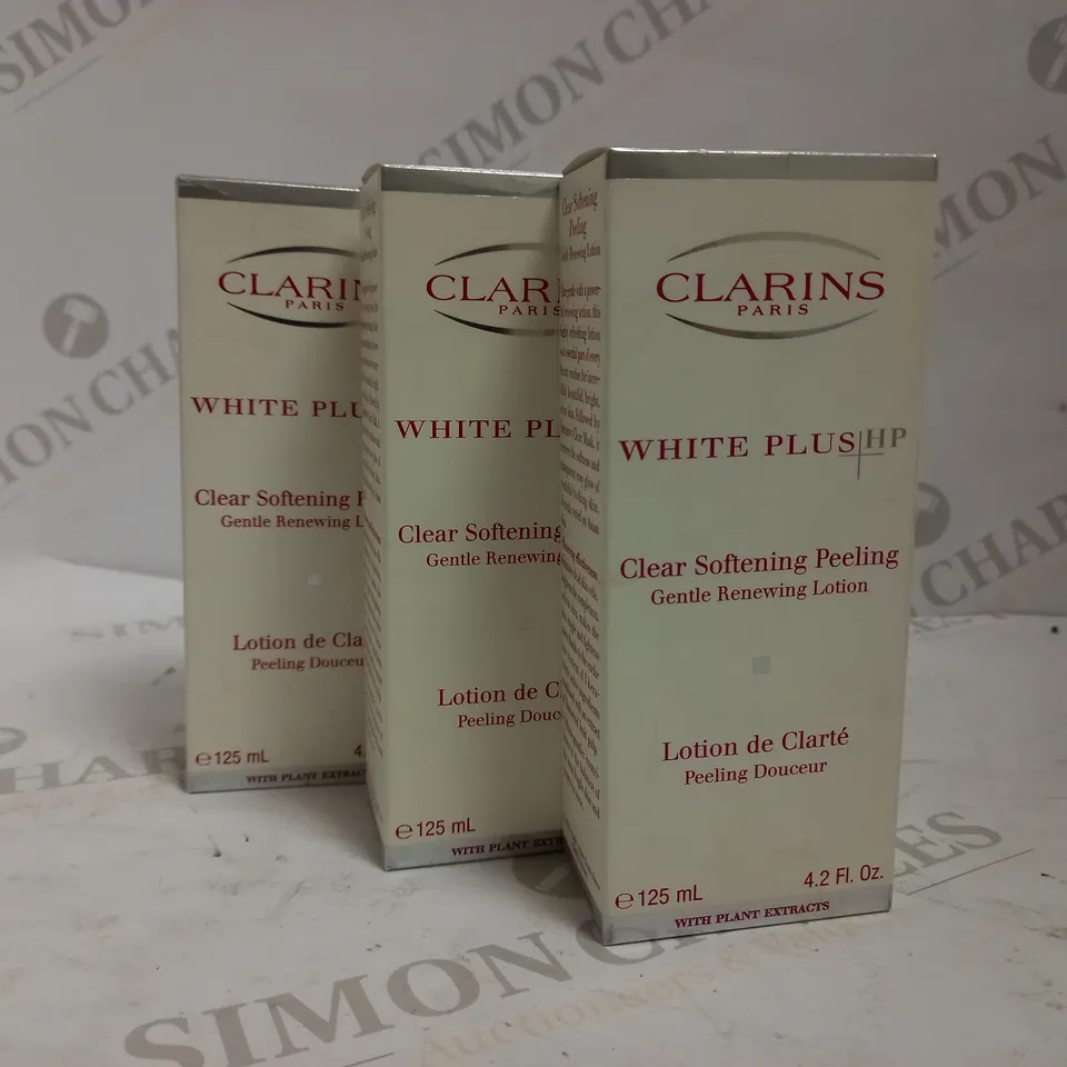 LOT OF 3 CLARINS WHITE PLUS HP CLEAR SOFTENING PEELING GENTLE RENEWING LOTION (3 X 125ML)
