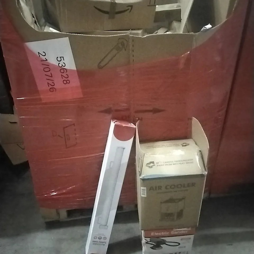 PALLET OF ASSORTED HOUSEHOLD GOODS AND PRODUCTS TO INCLUDE; AIR COOLER, SAFETY GATE, ELECTRIC SANDER BOXED FURNITURE ETC
