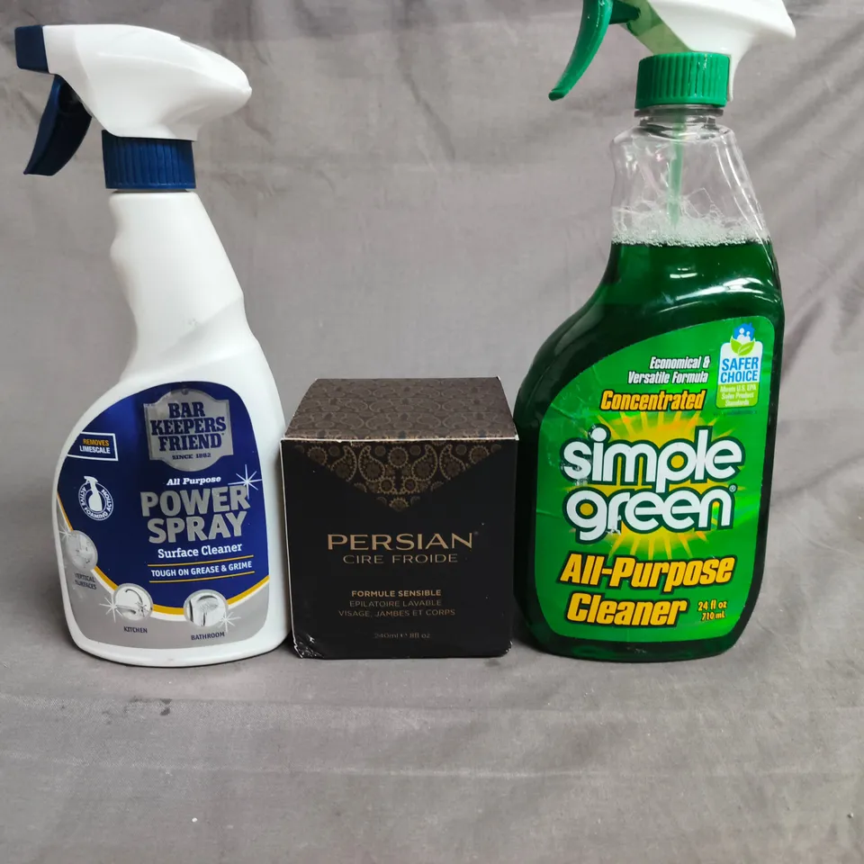 APPROX 10 ASSORTED ITEMS TO INCLUDE: BAR KEEPERS FRIEND POWER SPRAY, PERSIAN CIRE FROIDE (BOXED), SIMPLE GREEN ALL-PURPOSE CLEANER