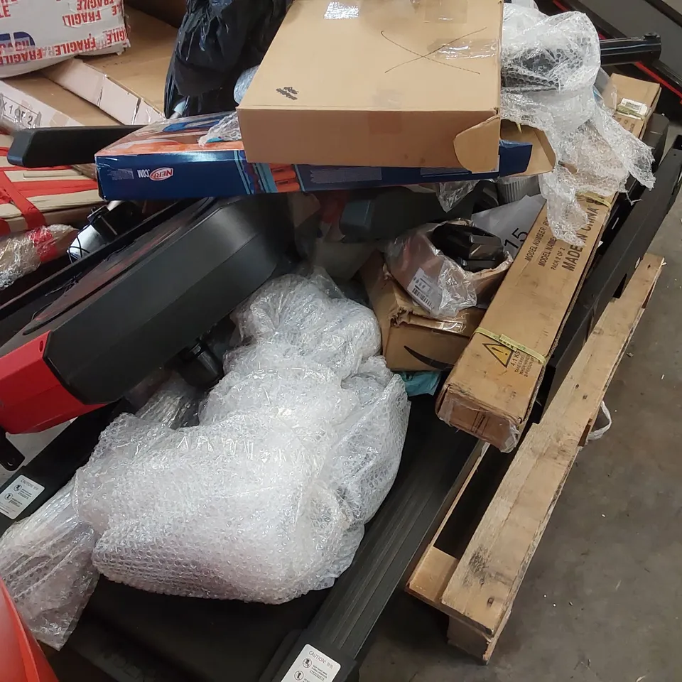 PALLET OF ASSORTED ITEMS INCLUDING EXCERCISE EQUIPMENT PARTS, TOYS ECT