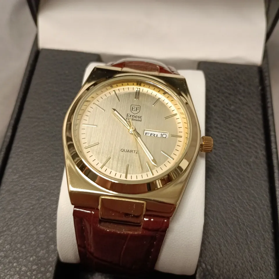 ERNEST FERDINAND WATCH – DAY DATE CALENDAR DIAL – LEATHER STRAP – 3ATM WATER RESISTANT - GIFT BOX