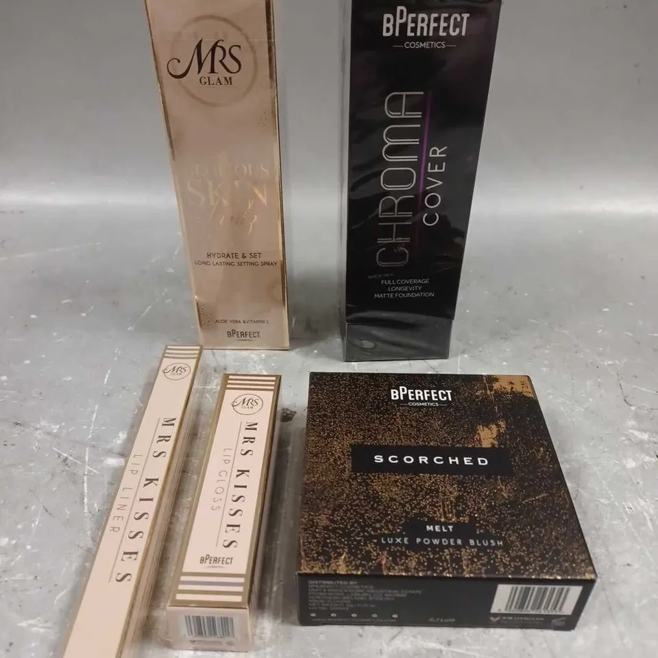 BPERFECT LOT OF 5 ASSORTED COSMETIC ITEMS TO INCLUDE - GLORIOUS SKIN SETTING SPRAY - CHROMA COVER FOUNDATION IN W1 - SCORCHED POWDER BLUSH - ETC