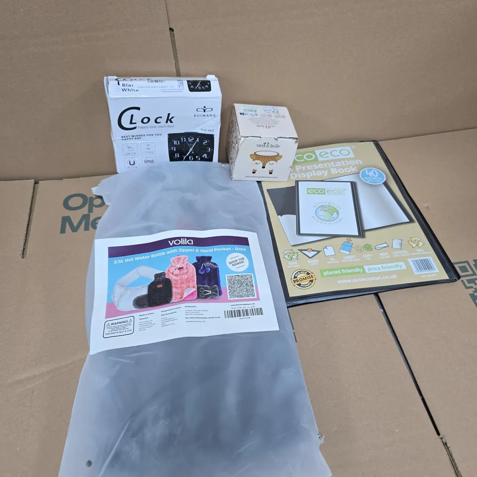 APPROXIMATELY 15 ASSORTED HOUSEHOLD PRODUCTS TO INCLUDE CLOCK, VOLILA 3.5L HOT WATER BOTTLE, A4 PRESENTATION DISPLAY BOOK, ETC - COLLECTION ONLY