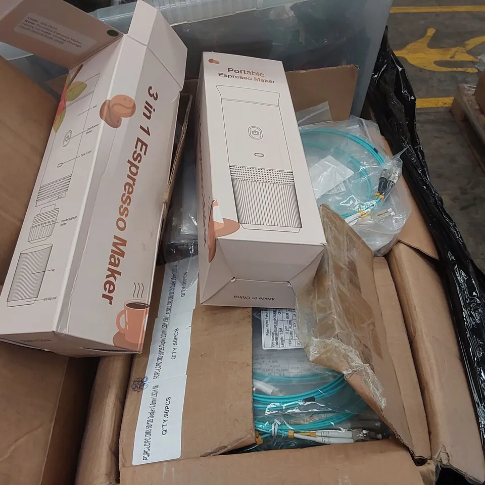 PALLET CONTAINING A LARGE ASSORTMENT OF OFFICE SUPPLIES INCLUDING: HEADSETS, PORTABLE ESPRESSO MAKERS,  FIBER OPTIC PATCH CORDS ECT