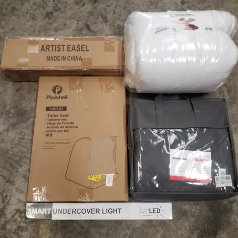 PALLET CONTAINING ASSORTED PRODUCTS INCLUDING TOILET SEAT, ARTIST EASEL, UNDERCOVER LIGHT, ALL SEASONS DUVET & WEIGHTED BLANKET