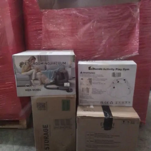PALLET OF ASSORTED HOUSEHOLD GOODS AND FURNITURE TO INCLUDE; PET GROOMING VACUUM, EUARY AIR FRYER, SUIKOOO ACTIVITY PLAY GYM ETC