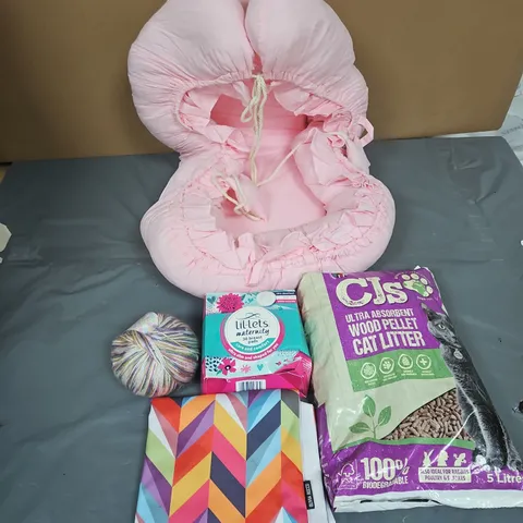 BOX OF APPROXIMATELY 12 ASSORTED HOUSEHOLD ITEMS TO INCLUDE - YARN - CJS CAT LITTER - LIL-LETS MATERNITY BREAST PADS - ETC