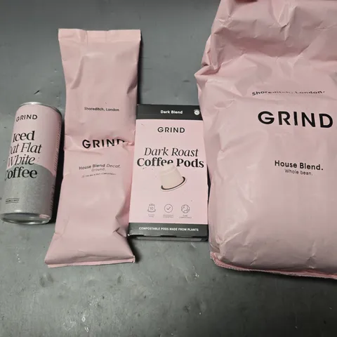 APPROXIMATELY 10 ASSORTED DRINKS ITEMS TO INCLUDE - GRIND HOUSE BLEND , GRIND DARK ROAST PODS , GRIND HOUSE BLEND DECAF ETC