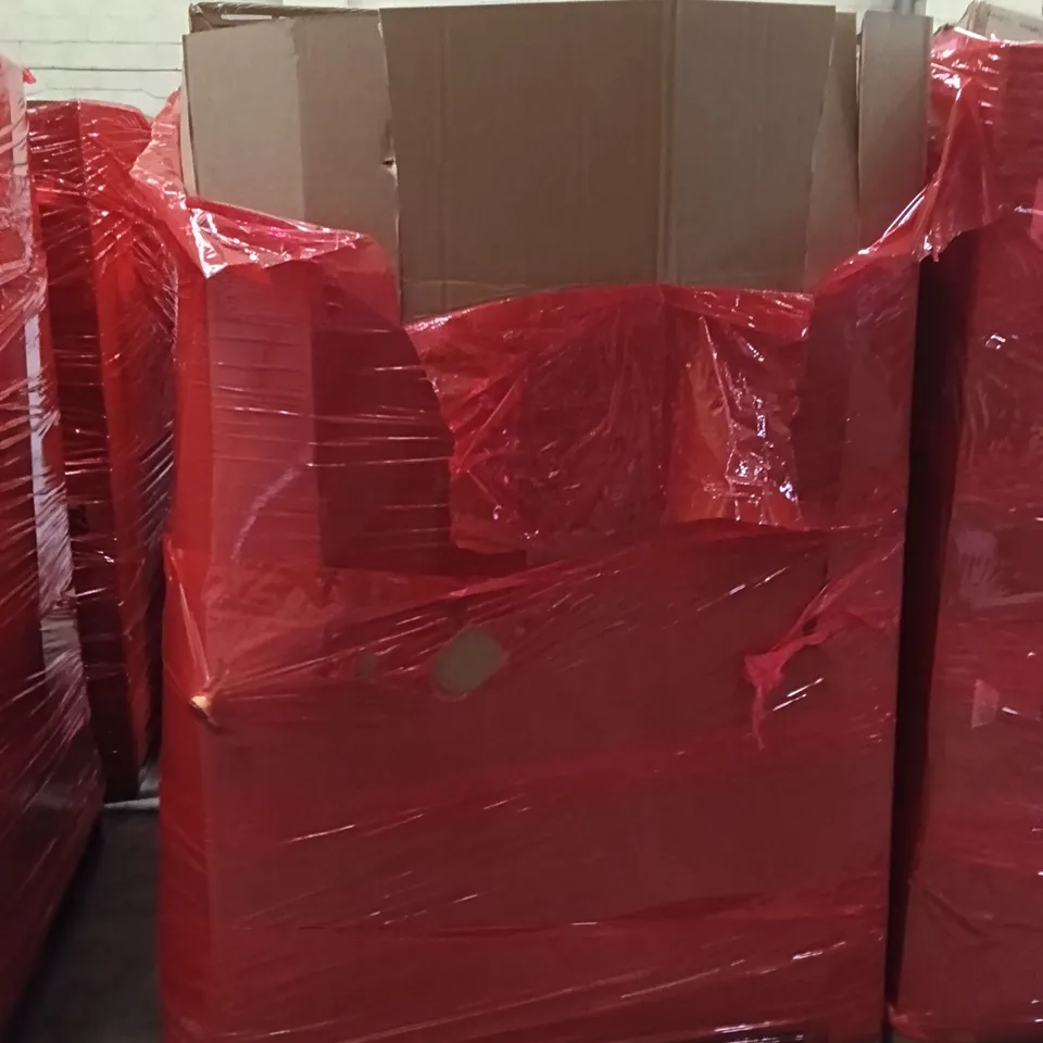 PALLET OF ASSORTED ITEMS INCLUDING - CAT BOX, WRAPPING PAPER, DRAWERS 