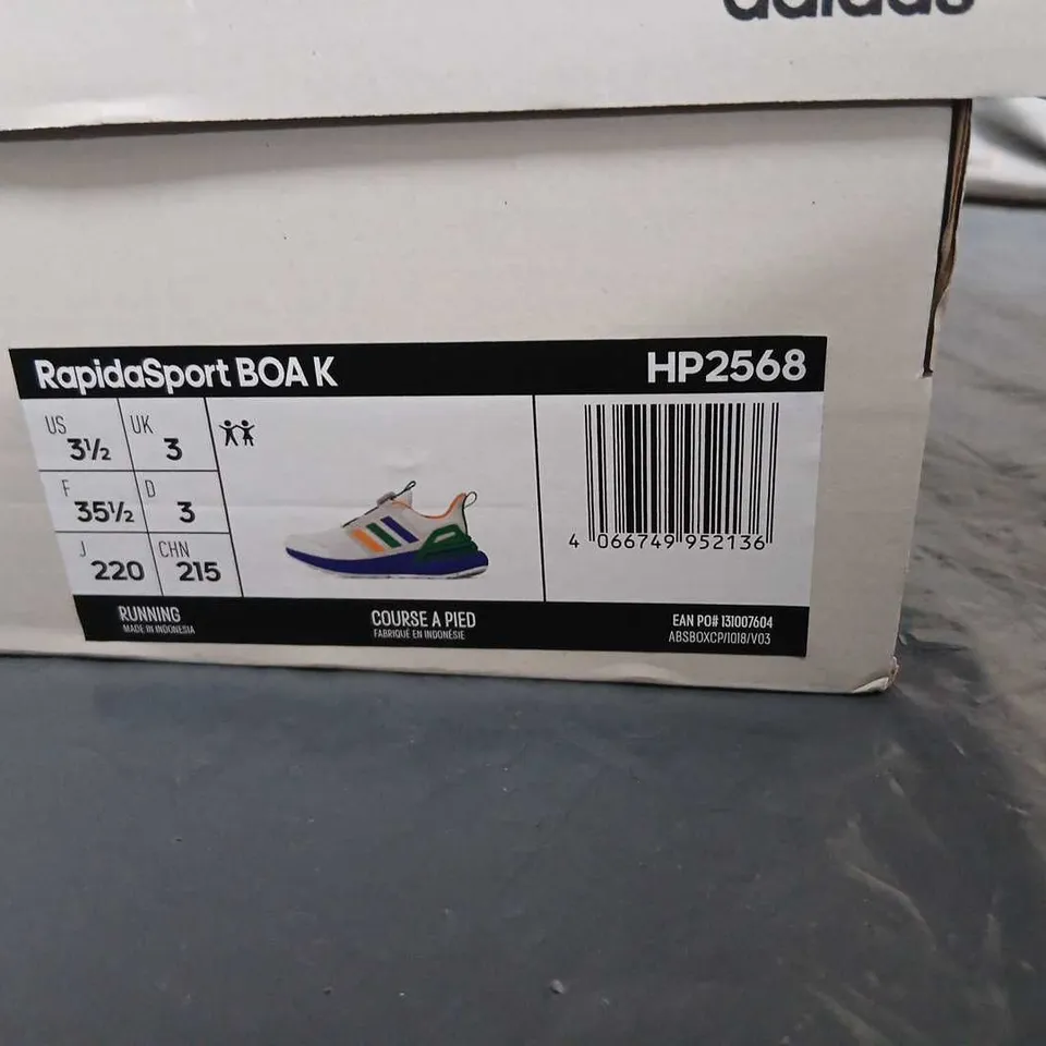 ADIDAS RAPIDSPORT BOA K KIDS' TRAINERS – WHITE WITH MULTICOLOUR STRIPES SIZE 3