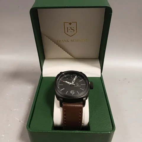 MENS FRANK SCHMIDT WATCH β LARGE BLACK CASE β BLACK PILOT DIAL β BROWN LEATHER STRAP β 3ATM WATER RESISTANT