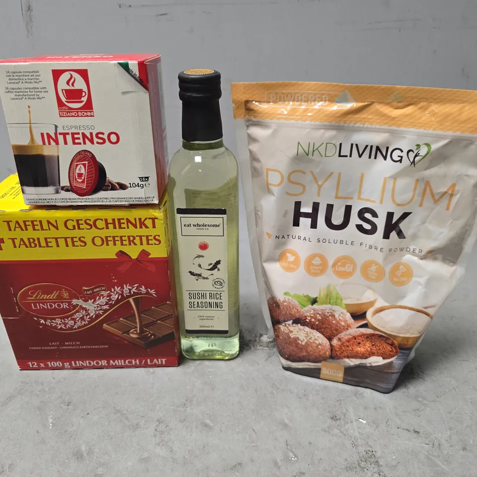 APPROXIMATELY 8 ASSORTED FOOD ITEMS TO INCLUDE - LINDT CHOCOLATE BAR , SUSHI RICE SEASONING ETC