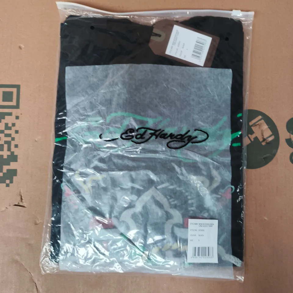 BAGGED ED HARDY MEN'S NO ROSES GROW LONG SLEEVE T-SHIRT IN BLACK SIZE SMALL