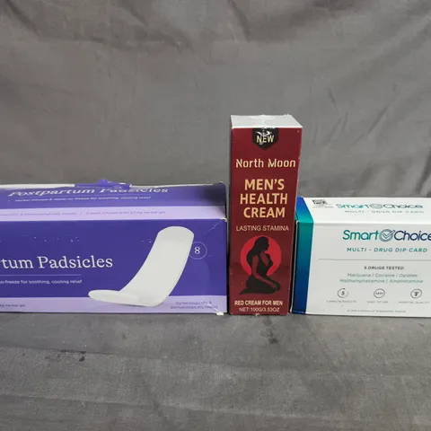 APPROX 10 ASSORTED ITEMS TO INCLUDE: LANSINOH POSTPARTUM PADSICLES, NORTH MOON MEN’S HEALTH CREAM, SMART CHOICE MULTI-DRUG DIP CARD