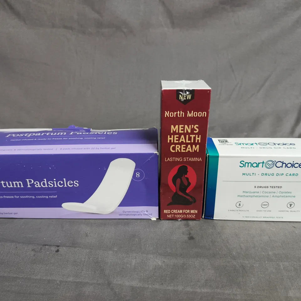 APPROX 10 ASSORTED ITEMS TO INCLUDE: LANSINOH POSTPARTUM PADSICLES, NORTH MOON MEN’S HEALTH CREAM, SMART CHOICE MULTI-DRUG DIP CARD