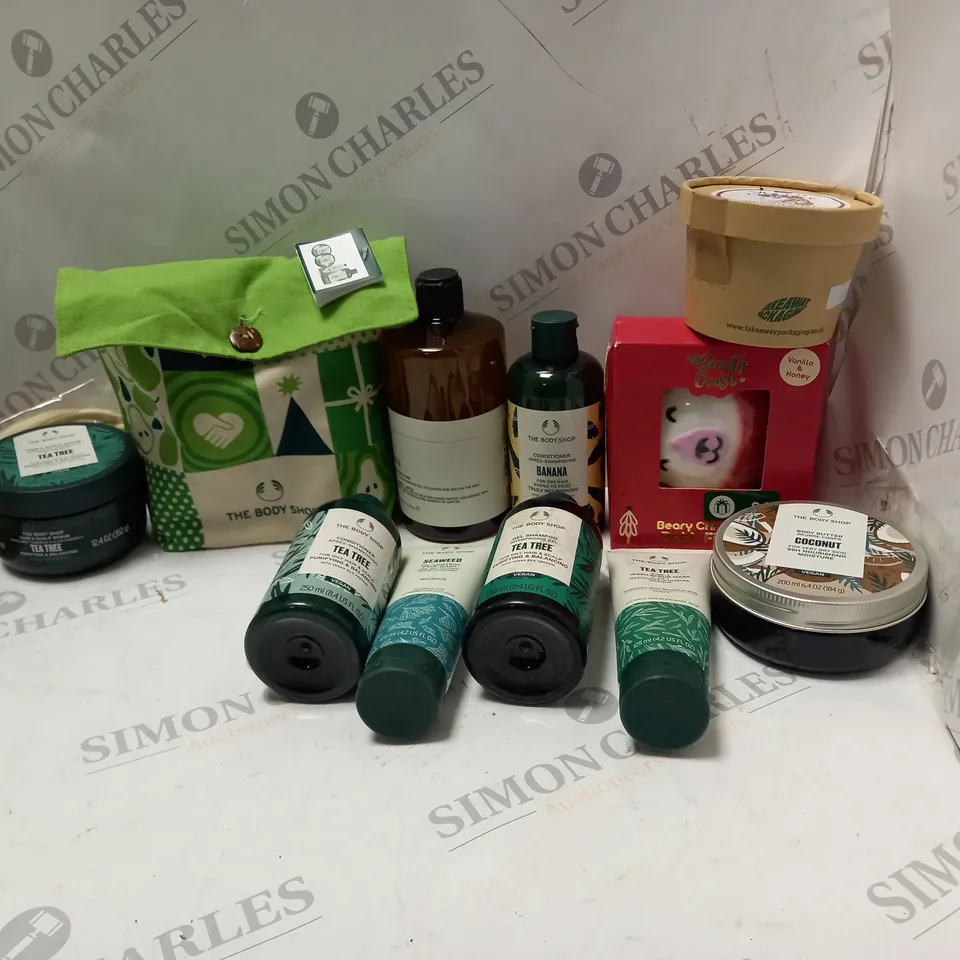 LOT OF BEAUTY PRODUCTS TO INCLUDE THE BODY SHOP CONDITIONER, ETC