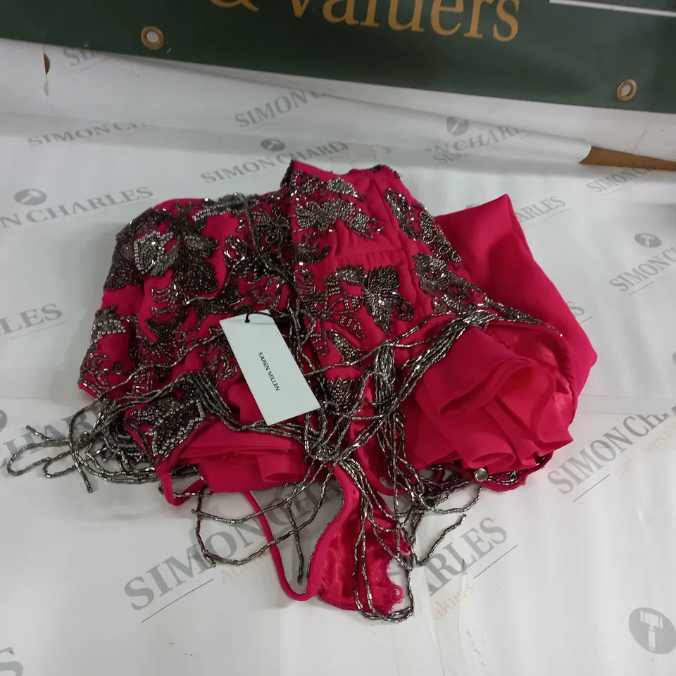 BEADED EMBROLLISHED FRINGED SATIN WOVEN SLIP DRESS HOT PINK SIZE 6