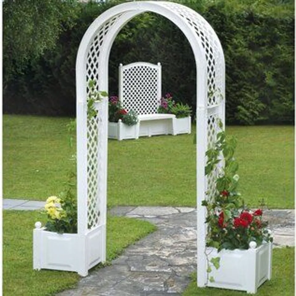 BOXED TAMARAC ARCH WITH PLANTERS - WHITE