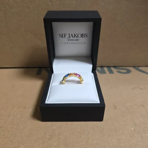 BOXED SIF JAKOBS JEWELLERY GOLD-PLATED STERLING SILVER RING FEATURES COLORFUL CUBIC ZIRCONIA STONES