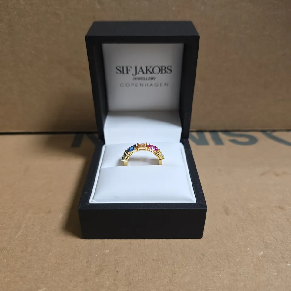 BOXED SIF JAKOBS JEWELLERY GOLD-PLATED STERLING SILVER RING FEATURES COLORFUL CUBIC ZIRCONIA STONES