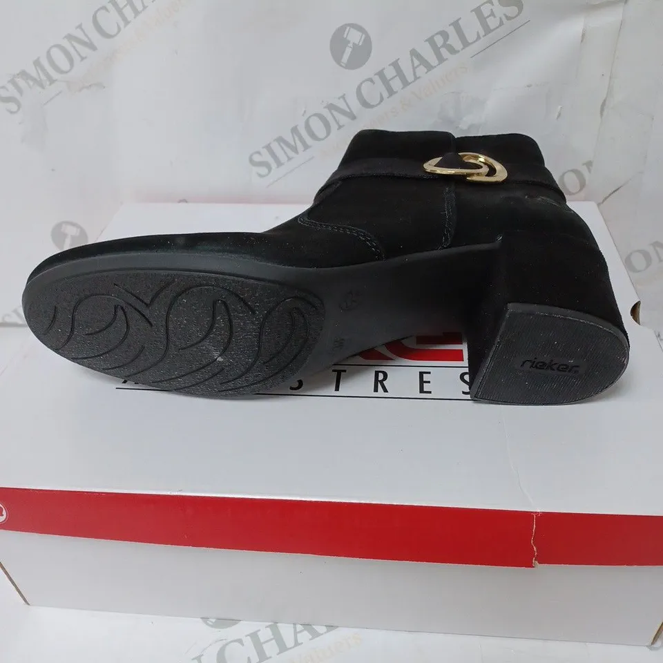 BOXED RIEKER BLOCK HEEL ANKLE BOOTS, BLACK - SIZE 5