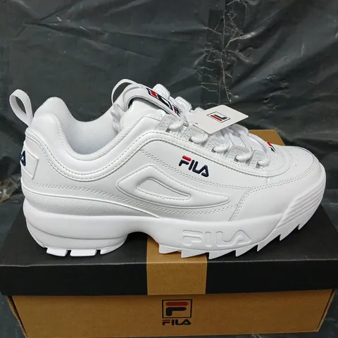 BOXED PAIR OF FILA DISRUPTOR PREMIUM TRAINERS IN WHITE - UK SIZE 9