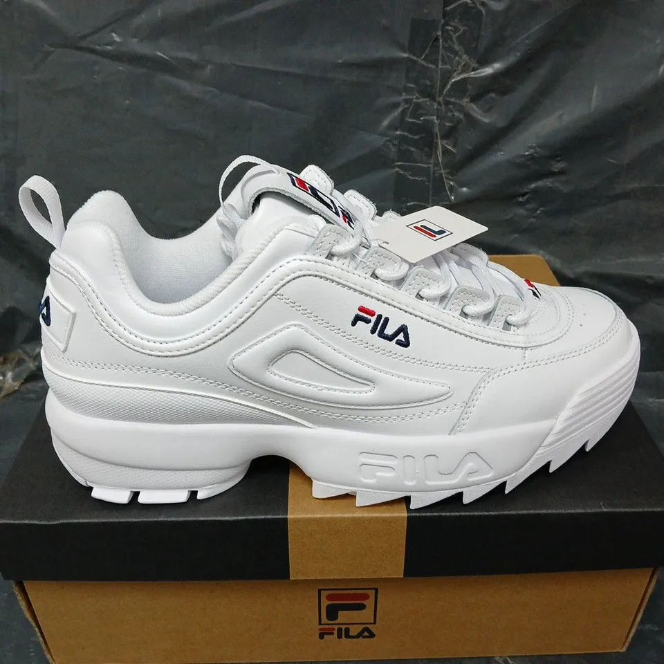 BOXED PAIR OF FILA DISRUPTOR PREMIUM TRAINERS IN WHITE - UK SIZE 9