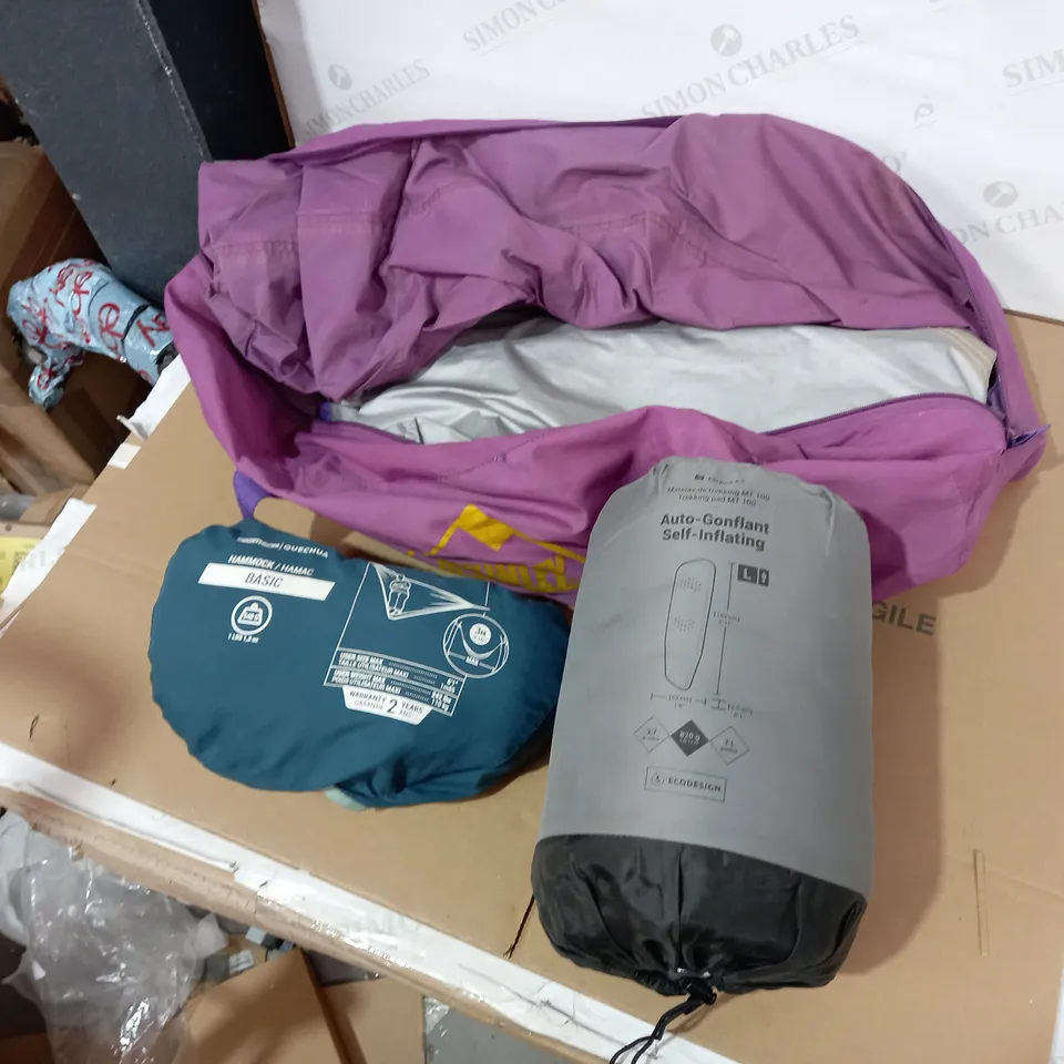 LOT OF 3 ASSORTED HIKING ITEMS TO INCLUDE FORCLAZ SELF-INFLATING TREKKING PAD MT 100, DECATHLON BASIC HAMMOCK AND MCKINLEY TENT PARTS