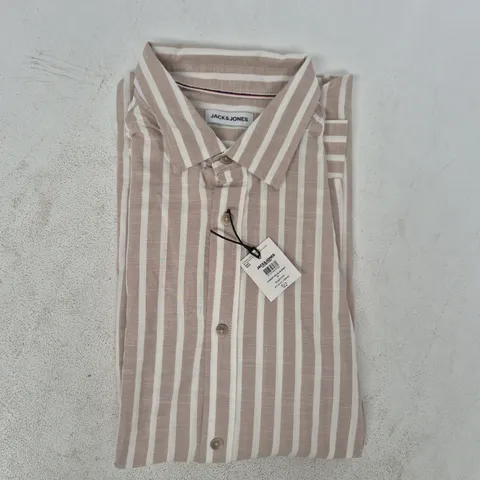 JACK & JONES JJHENRY MIX SLUB LONG SLEEVE SHIRT IN BEIGE SIZE LARGE