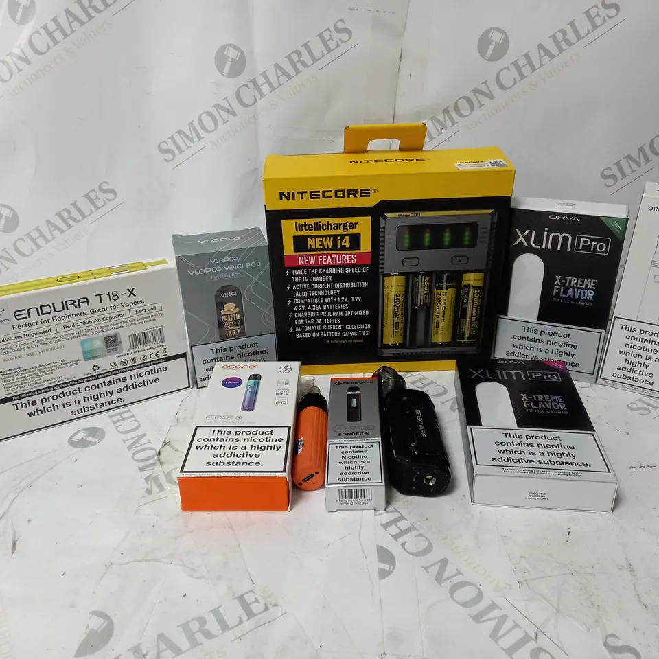 BOX OF APPROXIMATELY 10 ASSORTED E-CIG PRODUCTS TO INCLUDE NITECORE INTELLICHARGER NEW I4, OXVA XLIM PRO, ASPIRE FLEXUS 