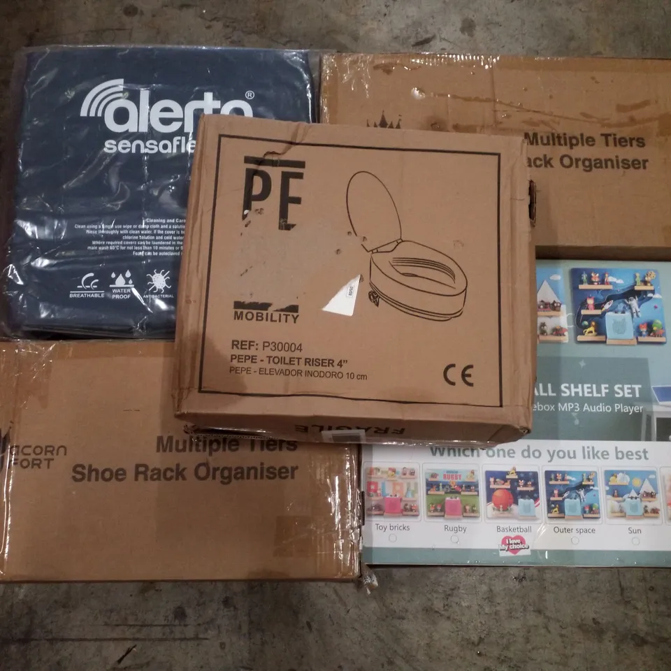 PALLET CONTAINING ASSORTED PRODUCTS INCLUDING MULTIPLE SHOE RACK ORGANISER, WOODEN WALL SHELF SET, TOILET RISER 4" & FOAM SEAT CUSHION