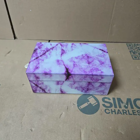 PURPLE GLASS MARBLED JEWELLERY BOX WITH MIRROR AND COMPARTMENTS