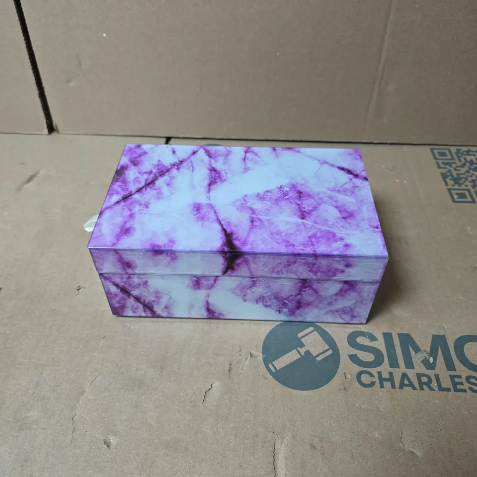 PURPLE GLASS MARBLED JEWELLERY BOX WITH MIRROR AND COMPARTMENTS