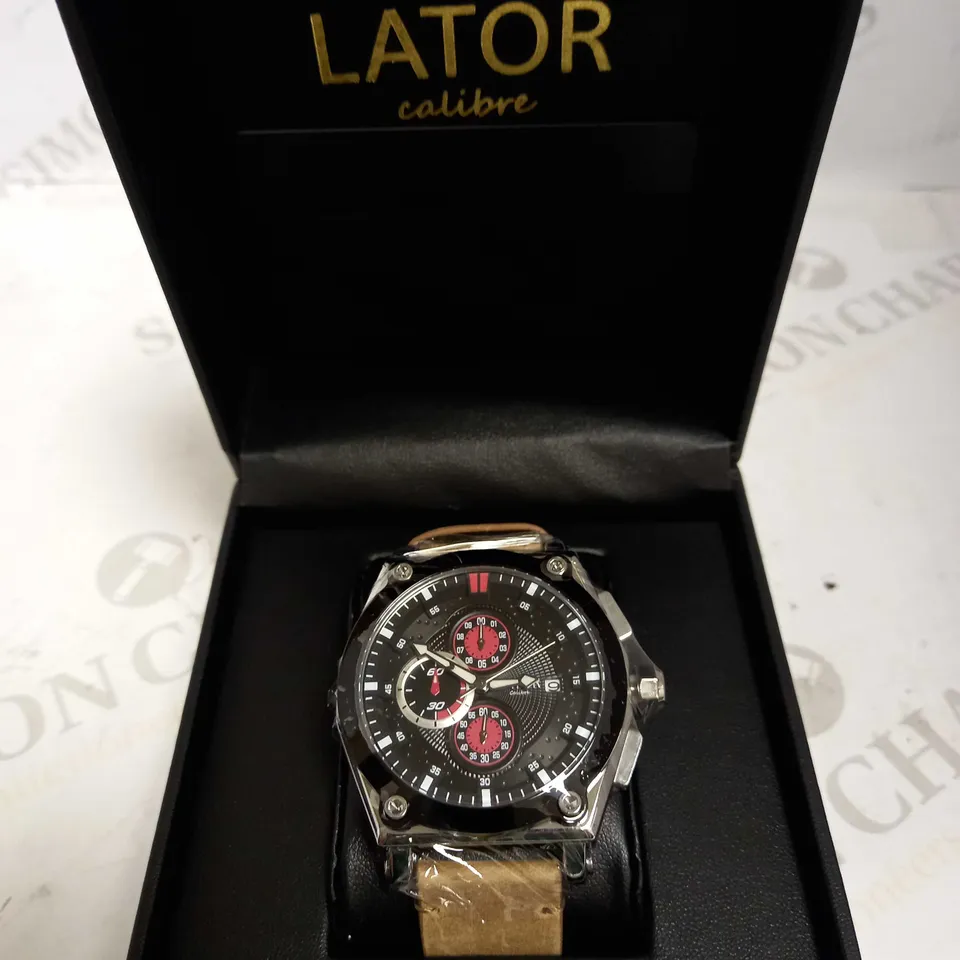 LATOR CALIBRE BLACK & RED TRIPLE DIAL SUEDE LEATHER STRAP WATCH RRP £635
