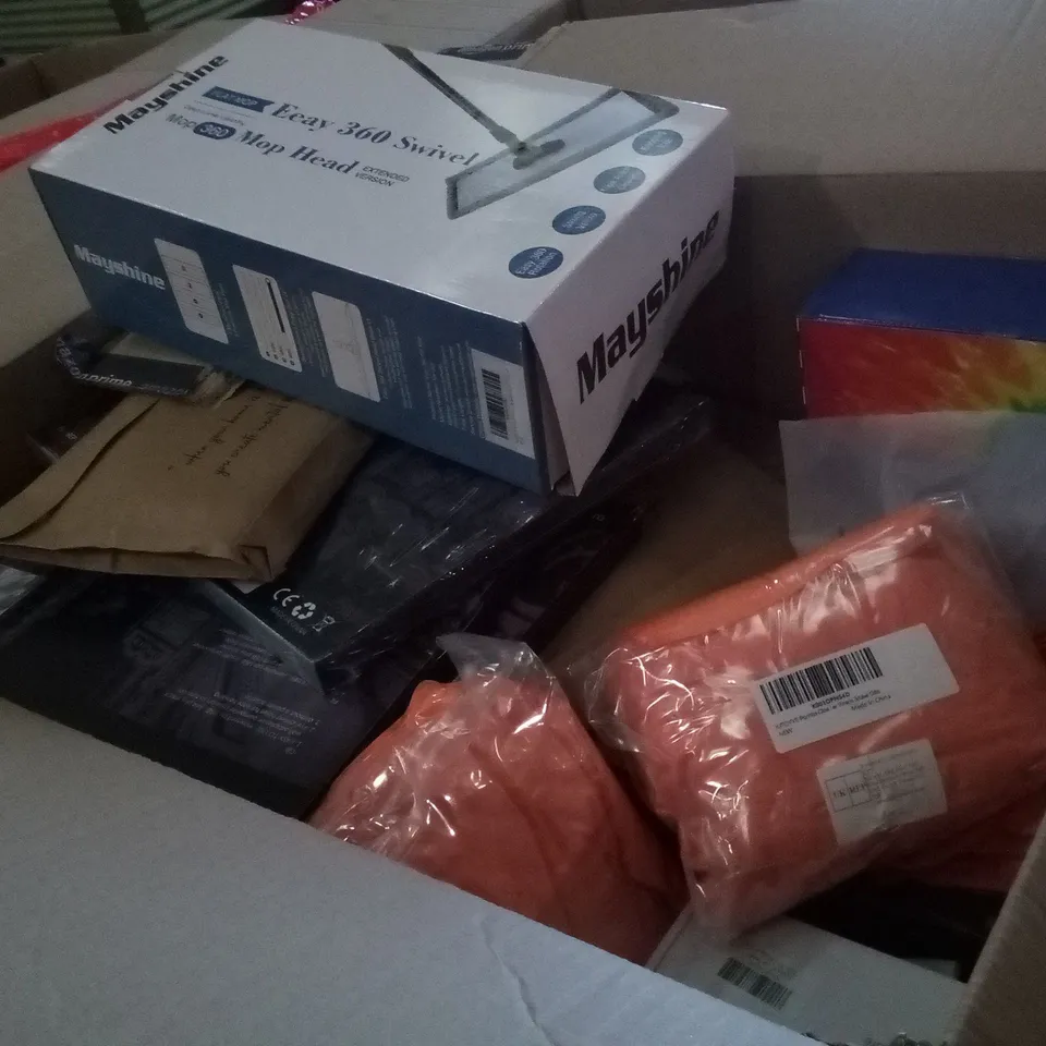 PALLET OF 6 BOXES CONTAINING ASSORTED ITEMS INCLUDING EXTENDABLE MOP HEAD, DISPOSABLE DINNERWARE, CHARGING DISPLAY STAND, NEON MOOD LIGHT, LED FLOOR LAMP, SMART USB CHARGER  