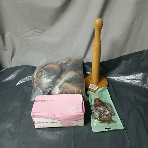 BOX OF APPROXIMATELY 15 ASSORTED HOUSEHOLD ITEMS TO INCLUDE KNITTING WOOL, FACE MASKS, KITCHEN TOWEL HOLDER, ORNAMENTAL SOFT BIRD ETC