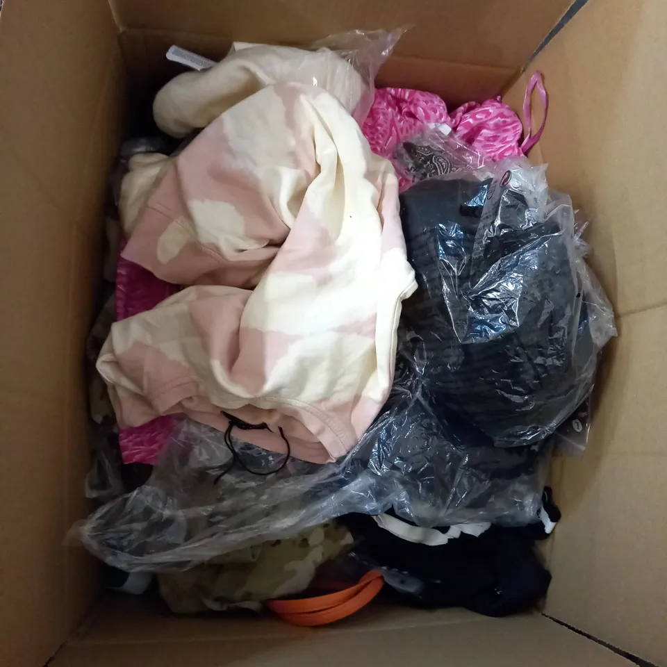  BOX OF ASSORTED CLOTHING ITEMS TOO INCLUDE DRESSES , SHIRTS AND TROUSERS IN VARIOUS SIZES AND COLOURS   