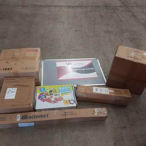 PALLET OF ASSORTED ITEMS INCLUDING: OFFICE CHAIR, GOVEELIFE SMART AIR PURIFIER 2, STOOL, NAP COT, MESSAGE BOARD, BABY FITNESS BLANKET ECT