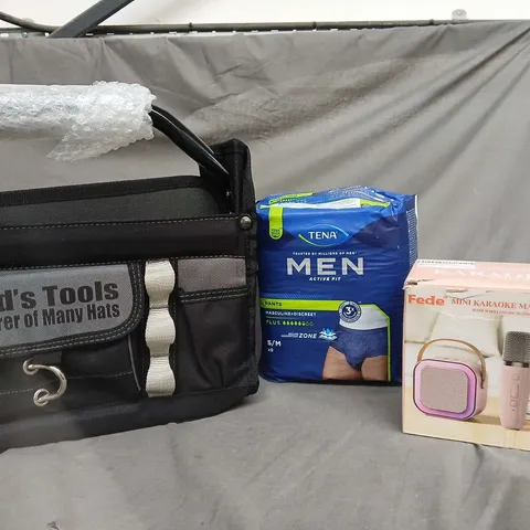 APPROXIMATELY 10 HOUSEHOLD ITEMS TO INCLUDE MENS PERSONAL CARE, TOOL BAG AND MINI KARAOKE MACHINE