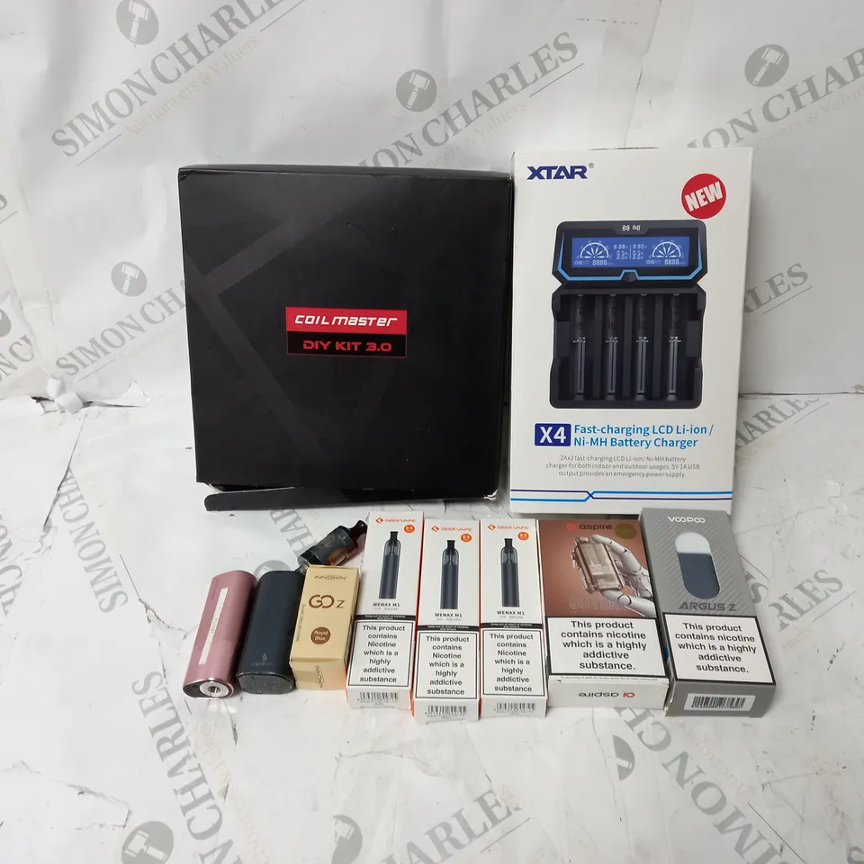 BOX OF APPROXIMATELY 10 ASSORTED PRODUCTS TO INCLUDE COIL MASTER DIY KIT 3.0, XTAR X4 BATTERY CHARGER, VOOPOO ARGUS Z VAPING KIT 