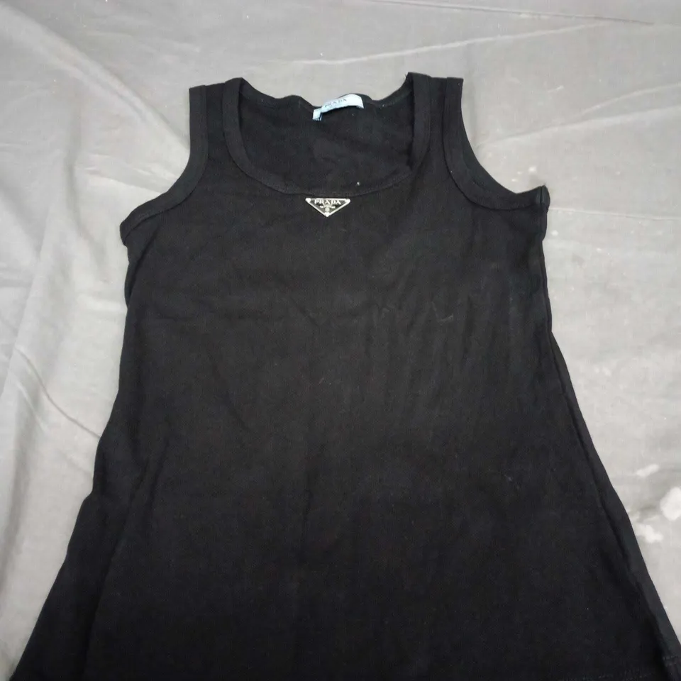 PRADA BLACK SLEEVELESS VEST TOP WITH TRIANGLE LOGO PLAQUE