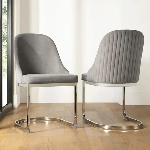 BOXED SET OF 2 RIVA DINING CHAIRS, GREY CLASSIC VELVET & CHROME (1 BOX)