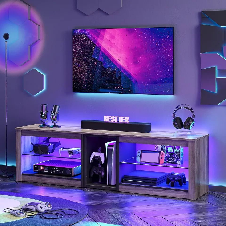 BOXED BESTIER TV STAND FOR 70 INCH TV, GAMING ENTERTAINMENT CENTER FOR PS5, LED TV CABINET WITH GLASS SHELVES FOR LIVING ROOM, 63'' INCH, GREY WASH