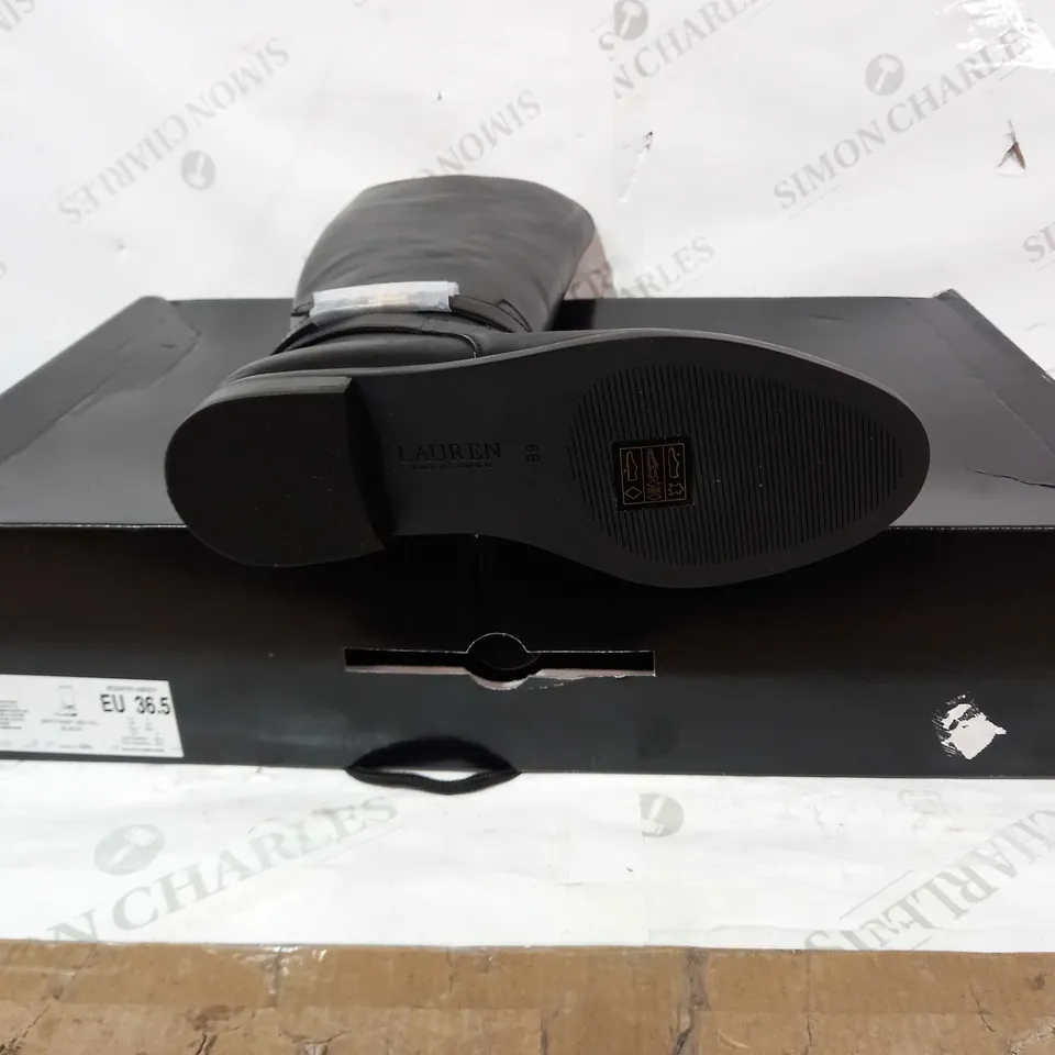 BOXED PAIR OF RALPH LAUREN BRITTANEY HIGH TOP LEATHER BOOTS IN BLACK UK SIZE 4